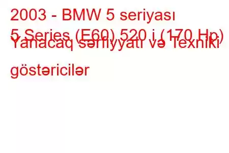 2003 - BMW 5 seriyası
5 Series (E60) 520 i (170 Hp) Yanacaq sərfiyyatı və Texniki göstəricilər