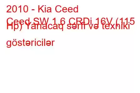 2010 - Kia Ceed
Ceed SW 1.6 CRDi 16V (115 Hp) Yanacaq sərfi və texniki göstəricilər