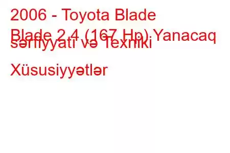 2006 - Toyota Blade
Blade 2.4 (167 Hp) Yanacaq sərfiyyatı və Texniki Xüsusiyyətlər