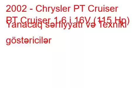 2002 - Chrysler PT Cruiser
PT Cruiser 1.6 i 16V (115 Hp) Yanacaq sərfiyyatı və Texniki göstəricilər