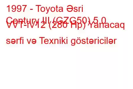 1997 - Toyota Əsri
Century III (GZG50) 5.0 VVT-iV12 (280 Hp) Yanacaq sərfi və Texniki göstəricilər