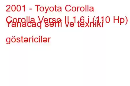 2001 - Toyota Corolla
Corolla Verso II 1.6 i (110 Hp) Yanacaq sərfi və texniki göstəricilər