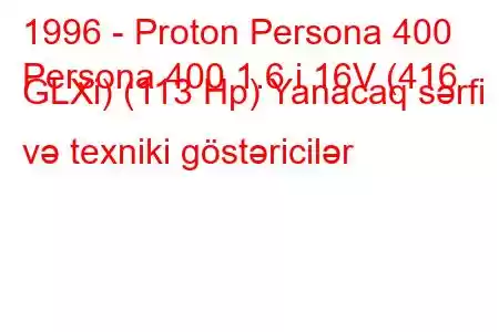 1996 - Proton Persona 400
Persona 400 1.6 i 16V (416 GLXi) (113 Hp) Yanacaq sərfi və texniki göstəricilər