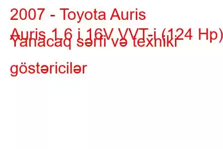 2007 - Toyota Auris
Auris 1.6 i 16V VVT-i (124 Hp) Yanacaq sərfi və texniki göstəricilər