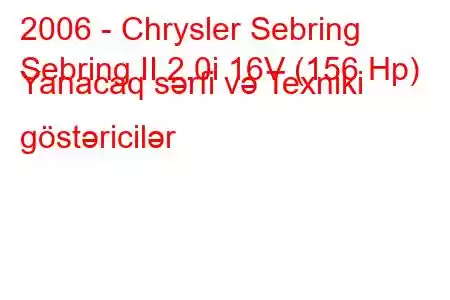 2006 - Chrysler Sebring
Sebring II 2.0i 16V (156 Hp) Yanacaq sərfi və Texniki göstəricilər