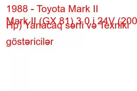 1988 - Toyota Mark II
Mark II (GX 81) 3.0 i 24V (200 Hp) Yanacaq sərfi və Texniki göstəricilər