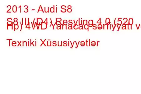 2013 - Audi S8
S8 III (D4) Resyling 4.0 (520 Hp) 4WD Yanacaq sərfiyyatı və Texniki Xüsusiyyətlər