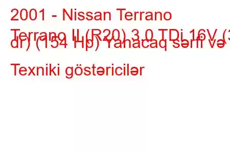 2001 - Nissan Terrano
Terrano II (R20) 3.0 TDi 16V (3 dr) (154 Hp) Yanacaq sərfi və Texniki göstəricilər