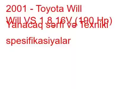 2001 - Toyota Will
Will VS 1.8 16V (190 Hp) Yanacaq sərfi və Texniki spesifikasiyalar