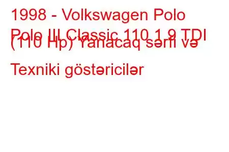 1998 - Volkswagen Polo
Polo III Classic 110 1.9 TDI (110 Hp) Yanacaq sərfi və Texniki göstəricilər