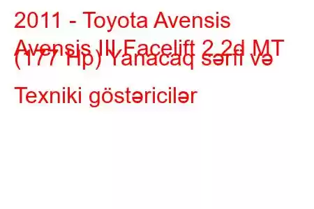 2011 - Toyota Avensis
Avensis III Facelift 2.2d MT (177 Hp) Yanacaq sərfi və Texniki göstəricilər