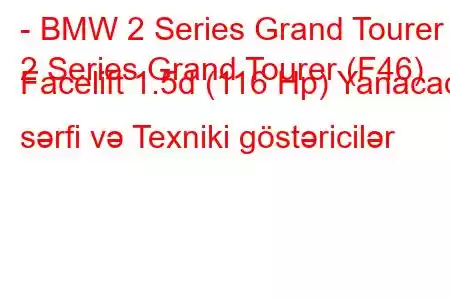 - BMW 2 Series Grand Tourer
2 Series Grand Tourer (F46) Facelift 1.5d (116 Hp) Yanacaq sərfi və Texniki göstəricilər