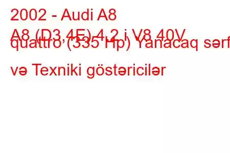 2002 - Audi A8
A8 (D3,4E) 4.2 i V8 40V quattro (335 Hp) Yanacaq sərfi və Texniki göstəricilər