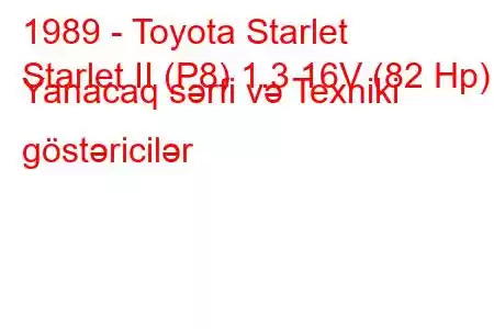 1989 - Toyota Starlet
Starlet II (P8) 1.3 16V (82 Hp) Yanacaq sərfi və Texniki göstəricilər