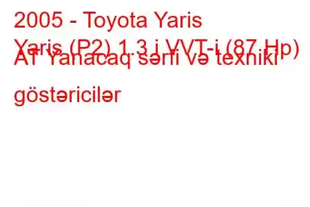 2005 - Toyota Yaris
Yaris (P2) 1.3 i VVT-i (87 Hp) AT Yanacaq sərfi və texniki göstəricilər