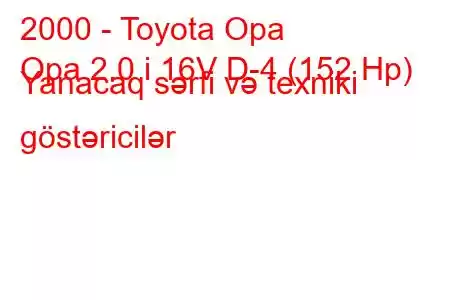 2000 - Toyota Opa
Opa 2.0 i 16V D-4 (152 Hp) Yanacaq sərfi və texniki göstəricilər