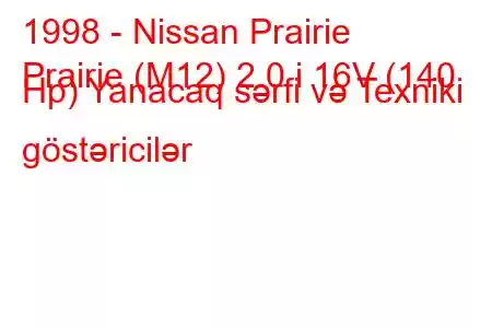 1998 - Nissan Prairie
Prairie (M12) 2.0 i 16V (140 Hp) Yanacaq sərfi və Texniki göstəricilər