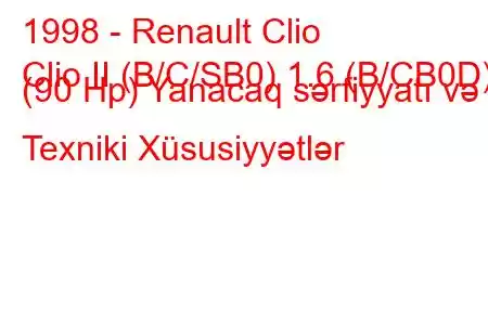 1998 - Renault Clio
Clio II (B/C/SB0) 1.6 (B/CB0D) (90 Hp) Yanacaq sərfiyyatı və Texniki Xüsusiyyətlər