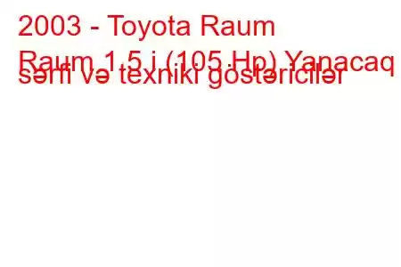 2003 - Toyota Raum
Raum 1.5 i (105 Hp) Yanacaq sərfi və texniki göstəricilər