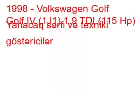 1998 - Volkswagen Golf
Golf IV (1J1) 1.9 TDI (115 Hp) Yanacaq sərfi və texniki göstəricilər