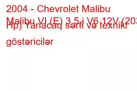 2004 - Chevrolet Malibu
Malibu VI (E) 3.5 i V6 12V (203 Hp) Yanacaq sərfi və texniki göstəricilər