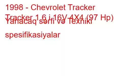 1998 - Chevrolet Tracker
Tracker 1.6 i 16V 4X4 (97 Hp) Yanacaq sərfi və Texniki spesifikasiyalar