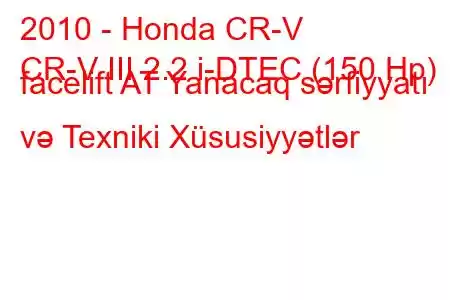 2010 - Honda CR-V
CR-V III 2.2 i-DTEC (150 Hp) facelift AT Yanacaq sərfiyyatı və Texniki Xüsusiyyətlər