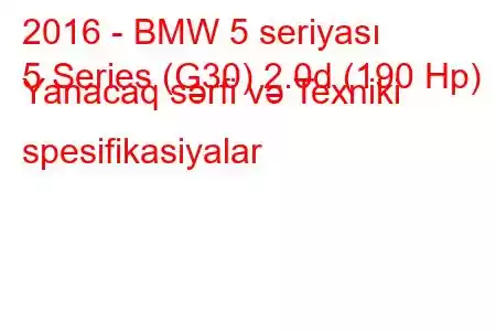 2016 - BMW 5 seriyası
5 Series (G30) 2.0d (190 Hp) Yanacaq sərfi və Texniki spesifikasiyalar