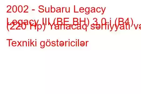 2002 - Subaru Legacy
Legacy III (BE,BH) 3.0 i (B4) (220 Hp) Yanacaq sərfiyyatı və Texniki göstəricilər