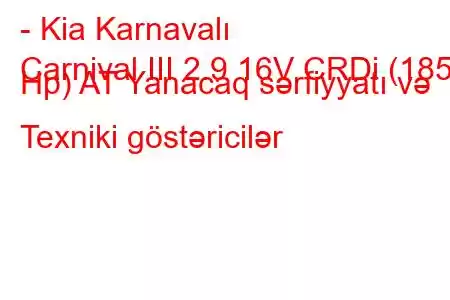 - Kia Karnavalı
Carnival III 2.9 16V CRDi (185 Hp) AT Yanacaq sərfiyyatı və Texniki göstəricilər