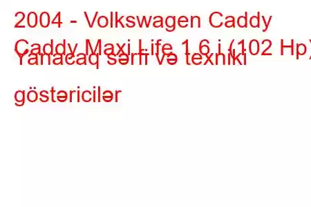 2004 - Volkswagen Caddy
Caddy Maxi Life 1.6 i (102 Hp) Yanacaq sərfi və texniki göstəricilər