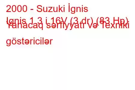 2000 - Suzuki İgnis
Ignis 1.3 i 16V (3 dr) (83 Hp) Yanacaq sərfiyyatı və Texniki göstəricilər