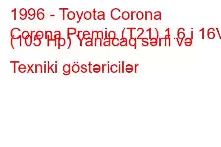 1996 - Toyota Corona
Corona Premio (T21) 1.6 i 16V (105 Hp) Yanacaq sərfi və Texniki göstəricilər