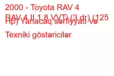 2000 - Toyota RAV 4
RAV 4 II 1.8 VVTi (3 dr) (125 Hp) Yanacaq sərfiyyatı və Texniki göstəricilər