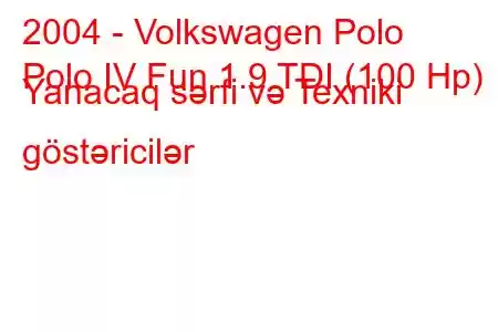 2004 - Volkswagen Polo
Polo IV Fun 1.9 TDI (100 Hp) Yanacaq sərfi və Texniki göstəricilər