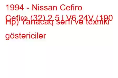 1994 - Nissan Cefiro
Cefiro (32) 2.5 i V6 24V (190 Hp) Yanacaq sərfi və texniki göstəricilər