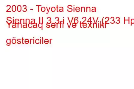 2003 - Toyota Sienna
Sienna II 3.3 i V6 24V (233 Hp) Yanacaq sərfi və texniki göstəricilər