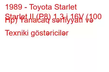 1989 - Toyota Starlet
Starlet II (P8) 1.3 i 16V (100 Hp) Yanacaq sərfiyyatı və Texniki göstəricilər