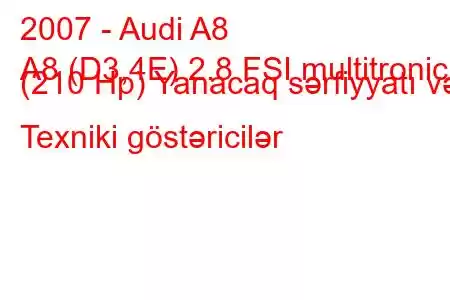 2007 - Audi A8
A8 (D3,4E) 2.8 FSI multitronic (210 Hp) Yanacaq sərfiyyatı və Texniki göstəricilər