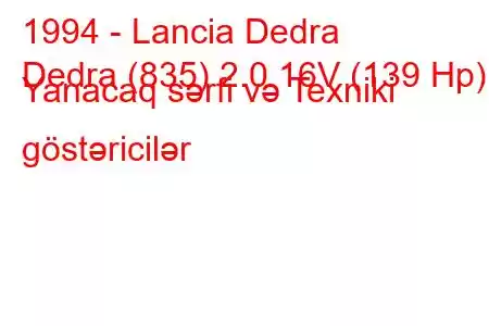 1994 - Lancia Dedra
Dedra (835) 2.0 16V (139 Hp) Yanacaq sərfi və Texniki göstəricilər