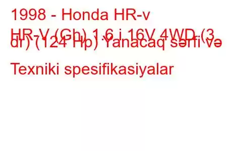 1998 - Honda HR-v
HR-V (Gh) 1.6 i 16V 4WD (3 dr) (124 Hp) Yanacaq sərfi və Texniki spesifikasiyalar