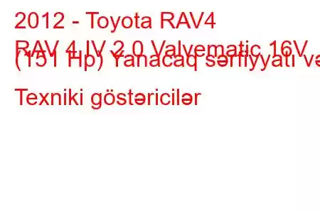 2012 - Toyota RAV4
RAV 4 IV 2.0 Valvematic 16V (151 Hp) Yanacaq sərfiyyatı və Texniki göstəricilər