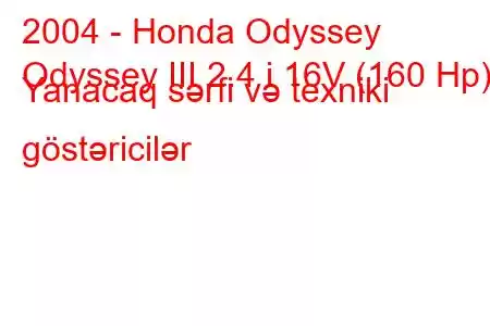 2004 - Honda Odyssey
Odyssey III 2.4 i 16V (160 Hp) Yanacaq sərfi və texniki göstəricilər