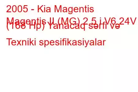 2005 - Kia Magentis
Magentis II (MG) 2.5 i V6 24V (168 Hp) Yanacaq sərfi və Texniki spesifikasiyalar