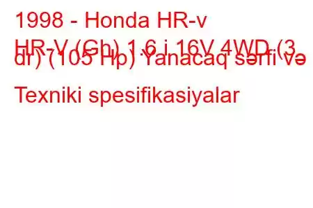 1998 - Honda HR-v
HR-V (Gh) 1.6 i 16V 4WD (3 dr) (105 Hp) Yanacaq sərfi və Texniki spesifikasiyalar