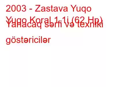 2003 - Zastava Yuqo
Yugo Koral 1.1i (62 Hp) Yanacaq sərfi və texniki göstəricilər