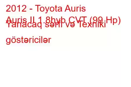 2012 - Toyota Auris
Auris II 1.8hyb CVT (99 Hp) Yanacaq sərfi və Texniki göstəricilər