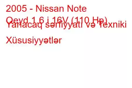 2005 - Nissan Note
Qeyd 1.6 i 16V (110 Hp) Yanacaq sərfiyyatı və Texniki Xüsusiyyətlər