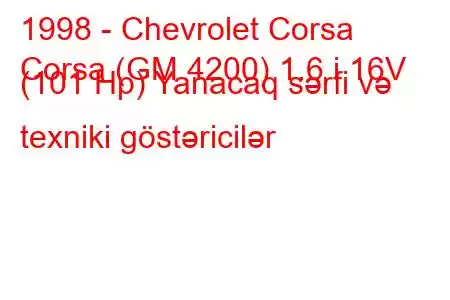 1998 - Chevrolet Corsa
Corsa (GM 4200) 1.6 i 16V (101 Hp) Yanacaq sərfi və texniki göstəricilər