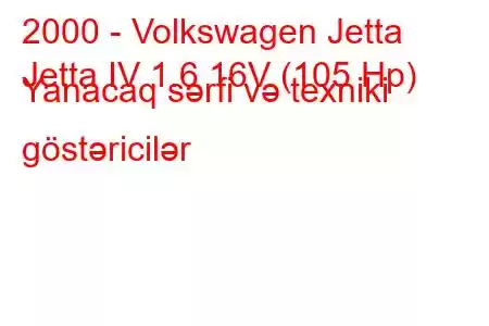 2000 - Volkswagen Jetta
Jetta IV 1.6 16V (105 Hp) Yanacaq sərfi və texniki göstəricilər